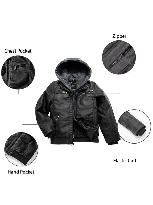 Boys Faux Leather Jacket with Removable Hood