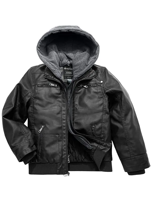 Boys Faux Leather Jacket with Removable Hood