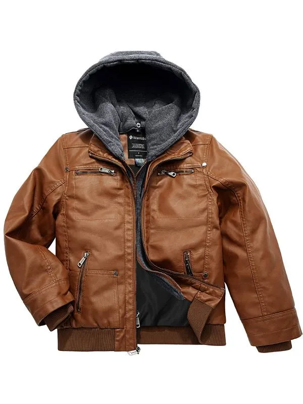 Boys Faux Leather Jacket with Removable Hood