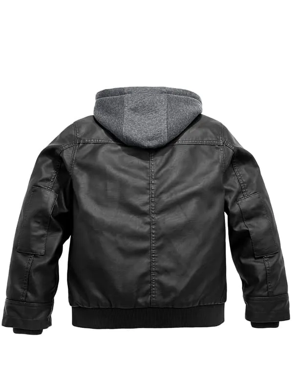 Boys Faux Leather Jacket with Removable Hood