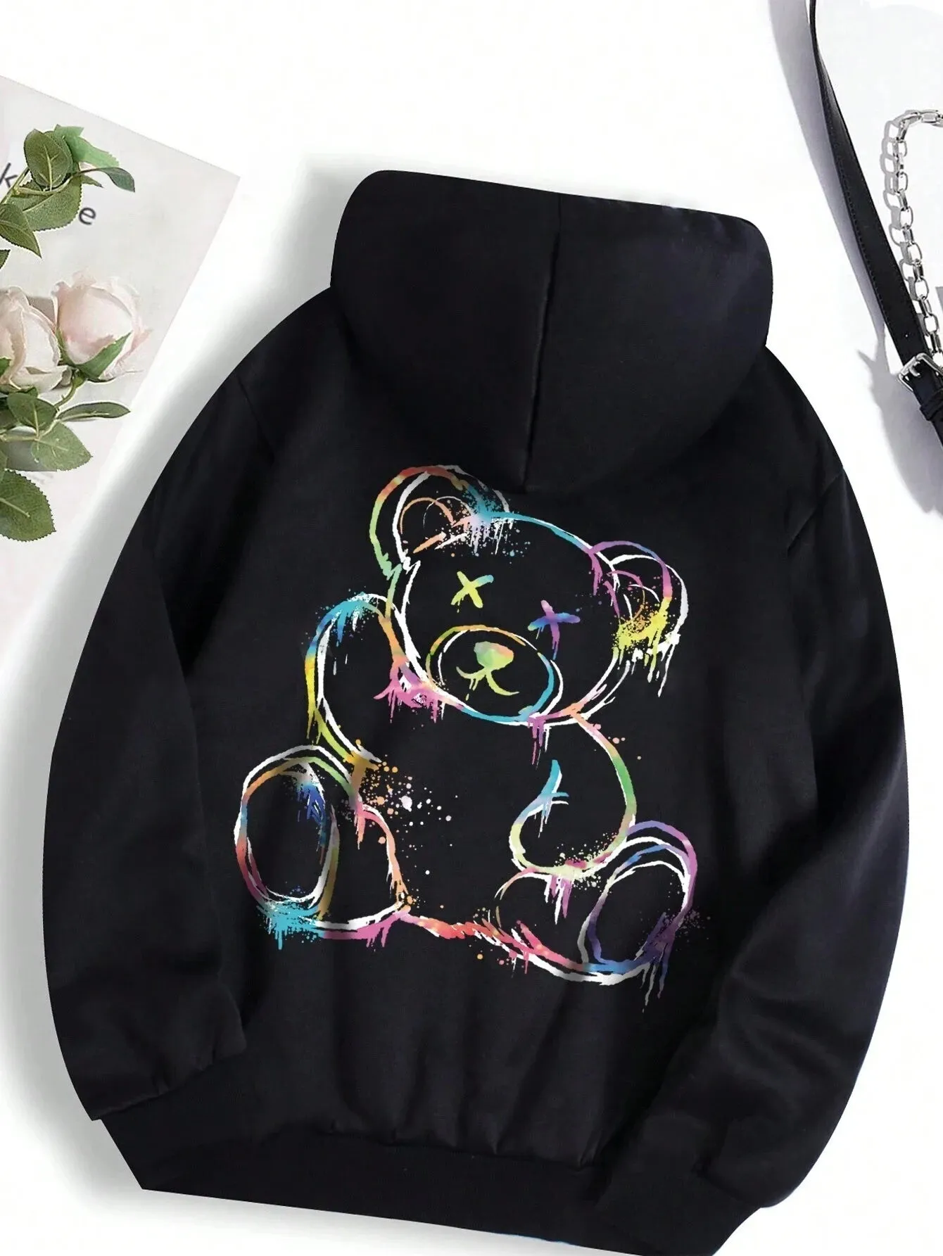 Cartoon Bear Printed Drawstring Hoodie Women's Casual Long Sleeve Fleece Hoodie Fashion High Street Y2K