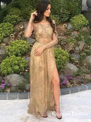 Charming A-Line High Neck Gold Lace Prom Dresses with Appliques, QB0578