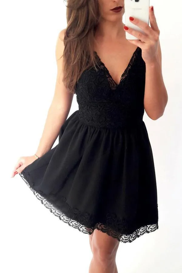 Charming black Lace up Spaghetti Strap lace short cheap homecoming dresses, HD0348