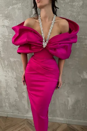 Charming Column Satin Halter Half Sleeve Pink Prom Dresses With Bow-Knot