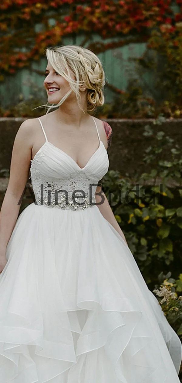 Charming Lace Ruffles Tulle Ball Gown Spaghetti Strap Wedding Dresses, AB1570