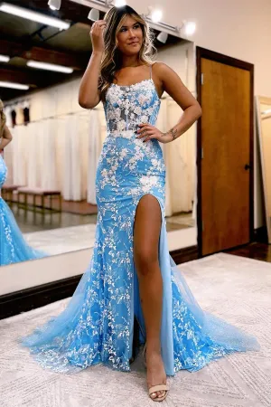 Charming Long Mermaid Spaghetti Straps Lace Sleeveless Prom Dress With Slit