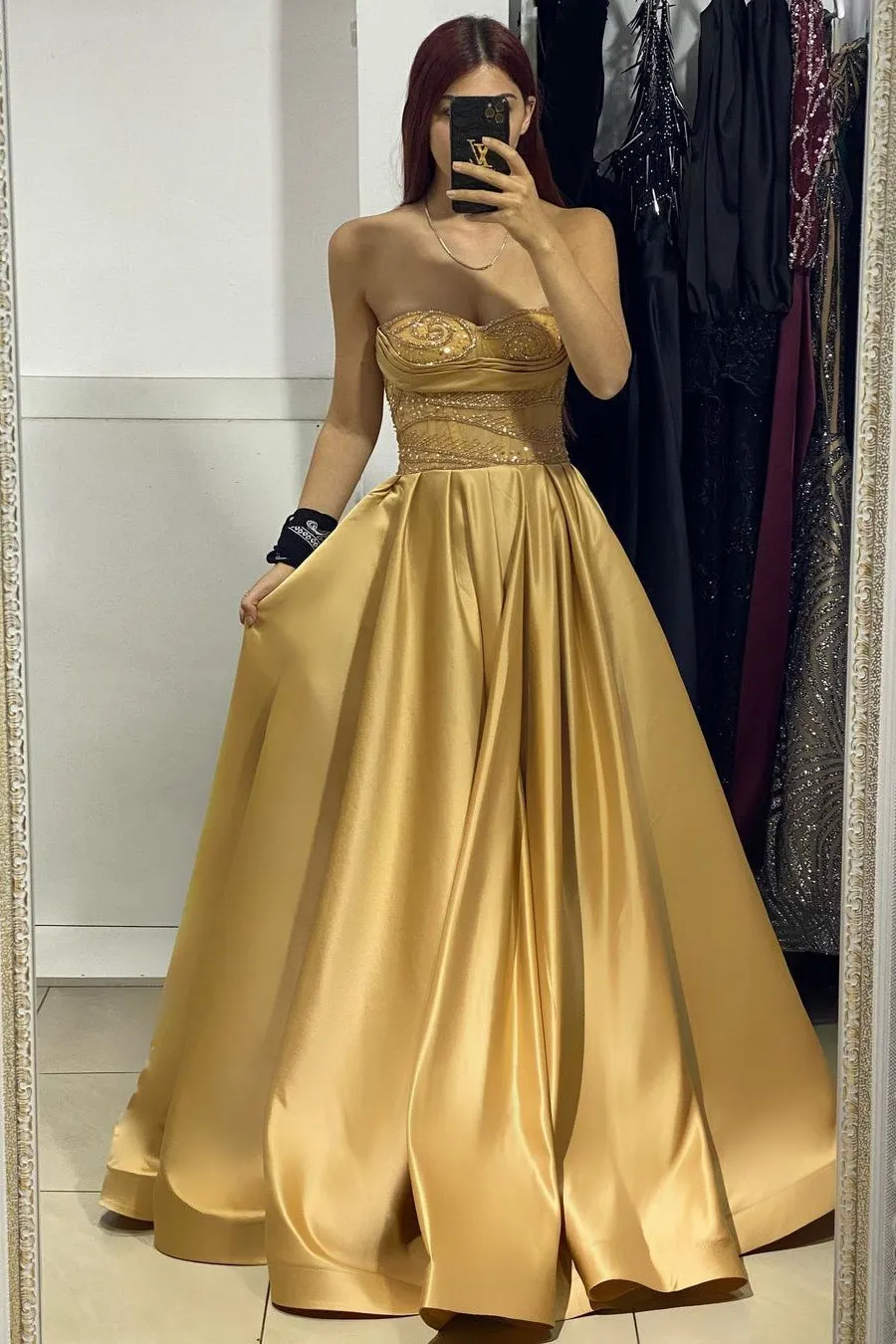 Charming Long Satin Strapless Sleevesless A-Line Prom Dress With Beading