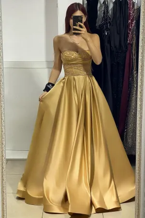 Charming Long Satin Strapless Sleevesless A-Line Prom Dress With Beading