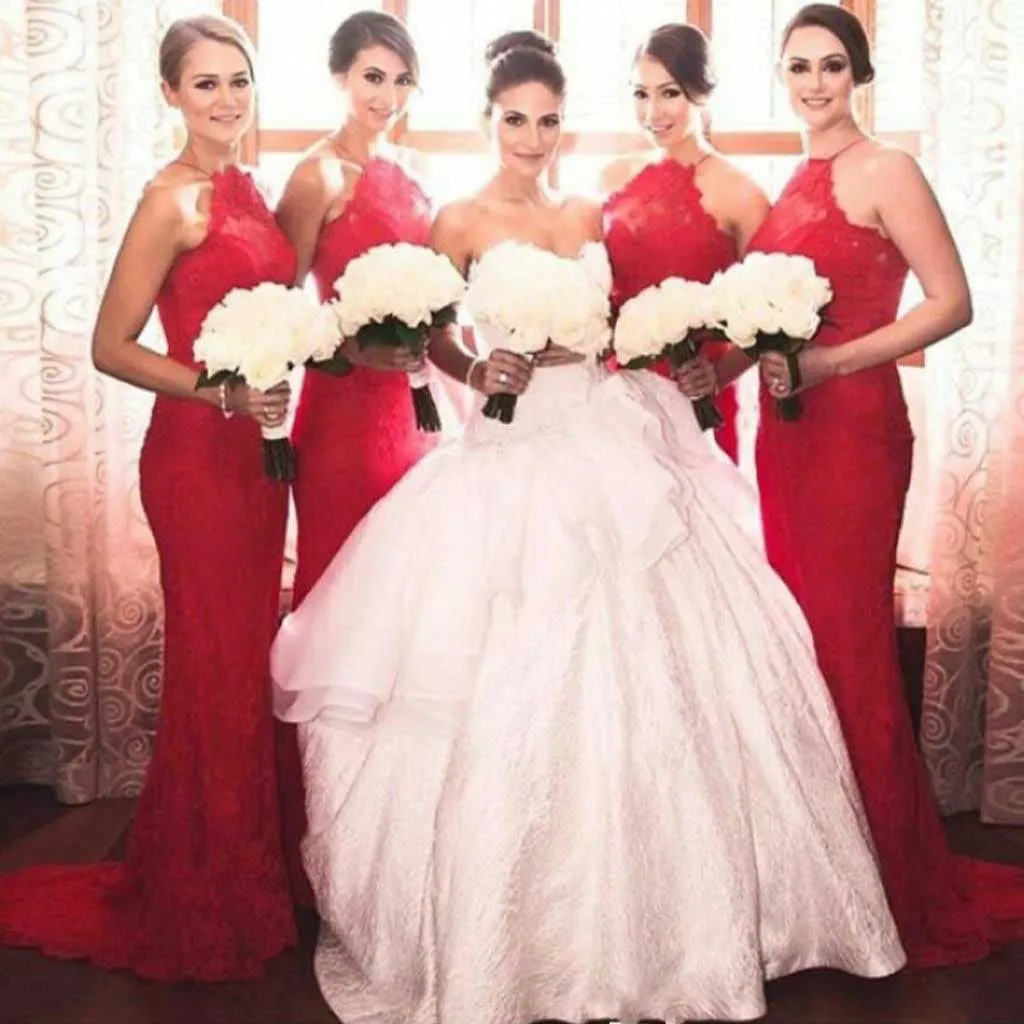 Charming Popular Red Halter Sexy Mermaid Lace Long Wedding Guest Bridesmaid Dresses, WG152