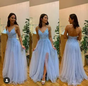 Charming Sexy Spaghetti Straps Evening Party Dress,Blue Appliques Long Prom Dress