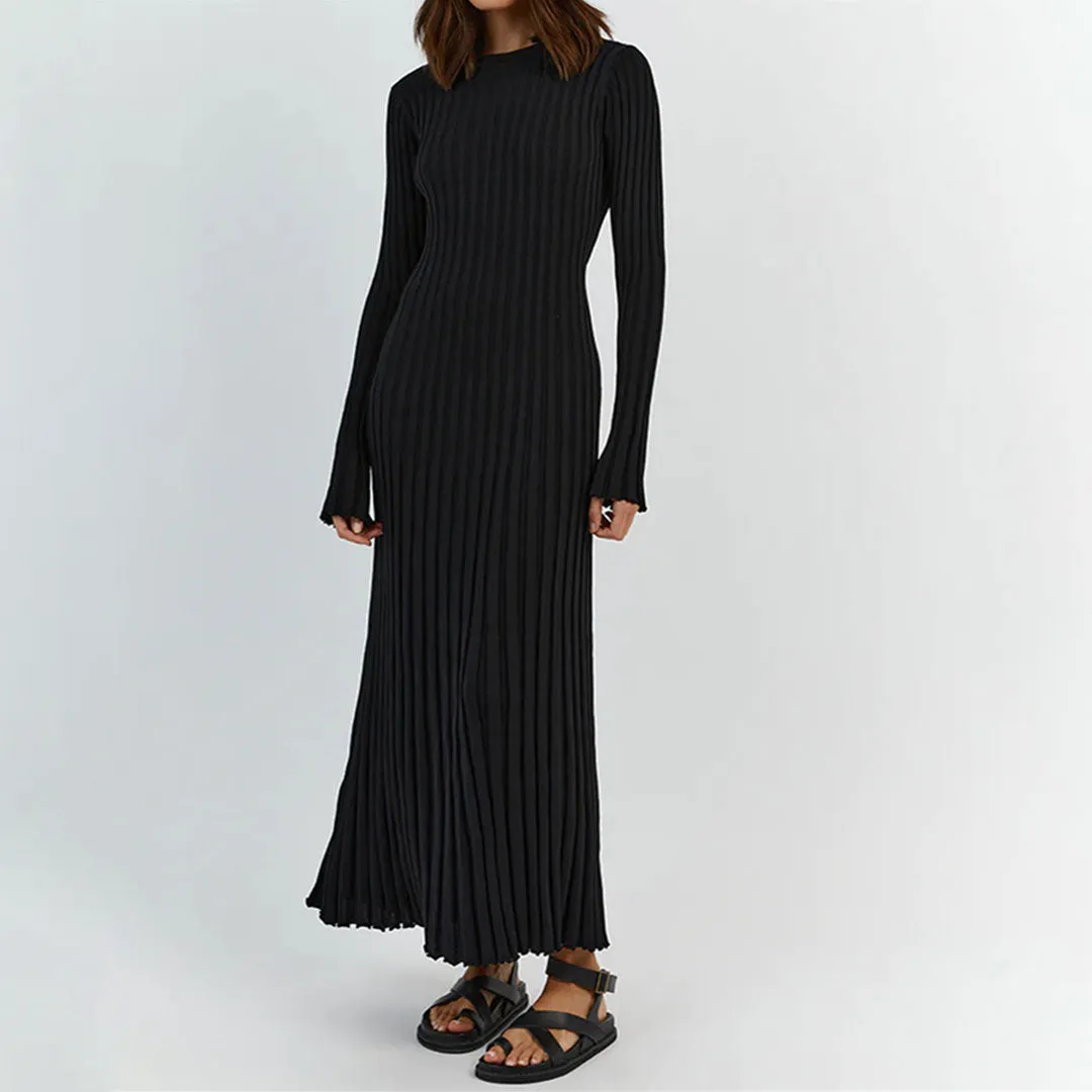 Charming Solid Color Crew Neck Long Sleeve Ribbed Knit Maxi Sweater Dress