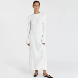 Charming Solid Color Crew Neck Long Sleeve Ribbed Knit Maxi Sweater Dress