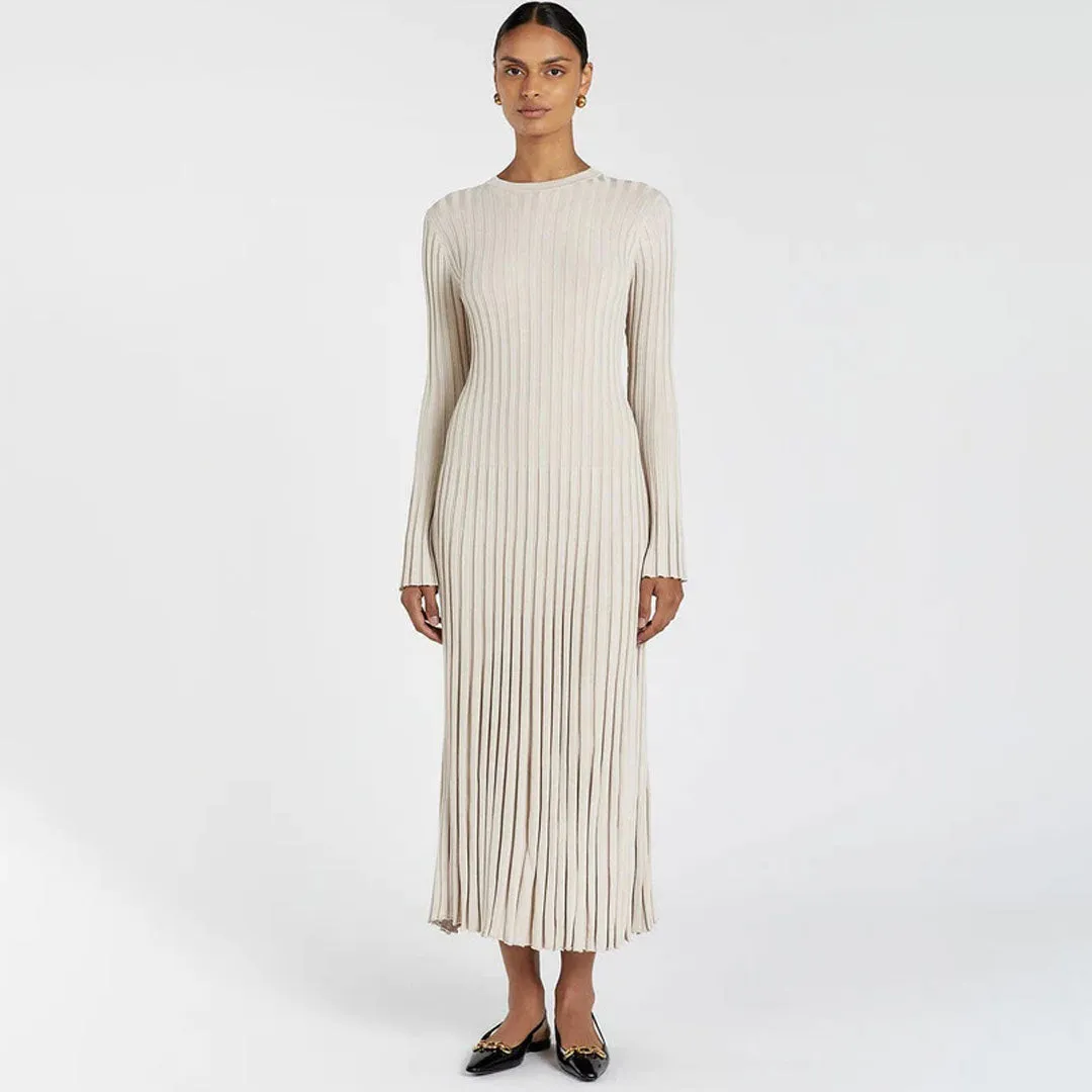 Charming Solid Color Crew Neck Long Sleeve Ribbed Knit Maxi Sweater Dress