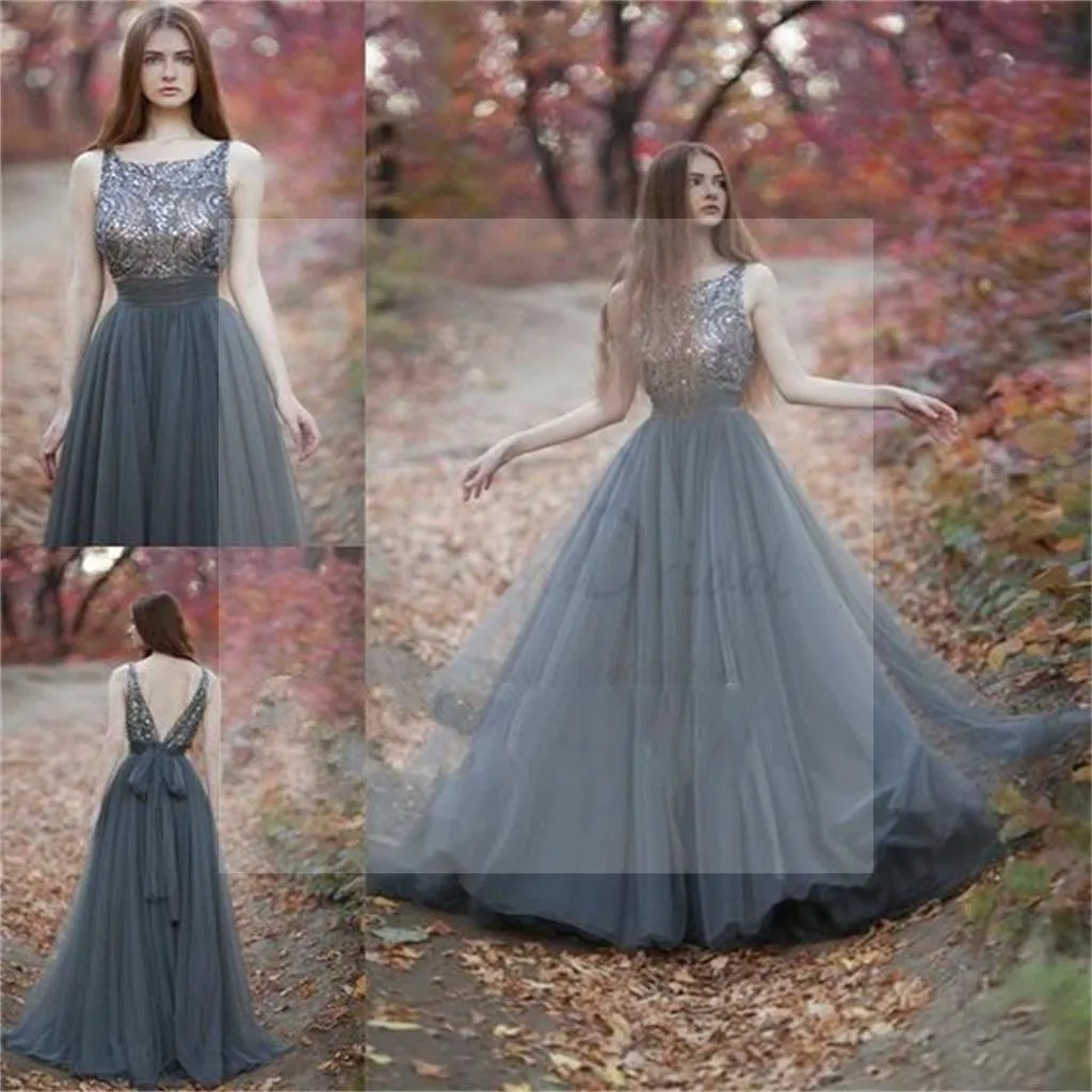 Charming V-Back Tulle Rhinestone Beaded Long Prom Dresses, PD0140