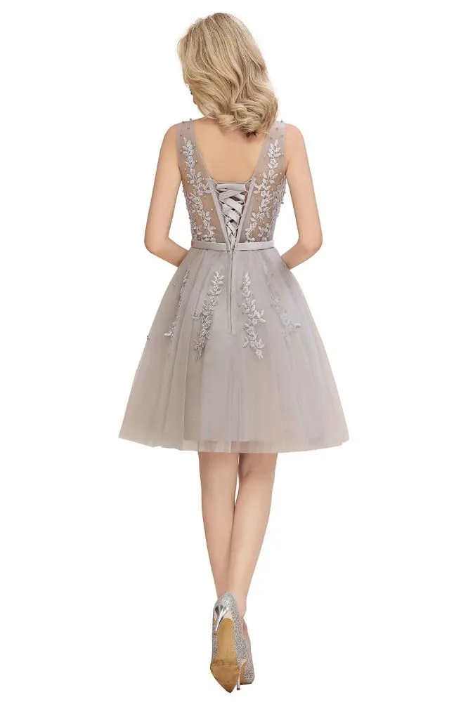 Charming V-Neck Tulle Lace Appliques Short Homecoming Dress Aline Backless Party Dress