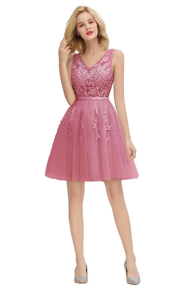 Charming V-Neck Tulle Lace Appliques Short Homecoming Dress Aline Backless Party Dress