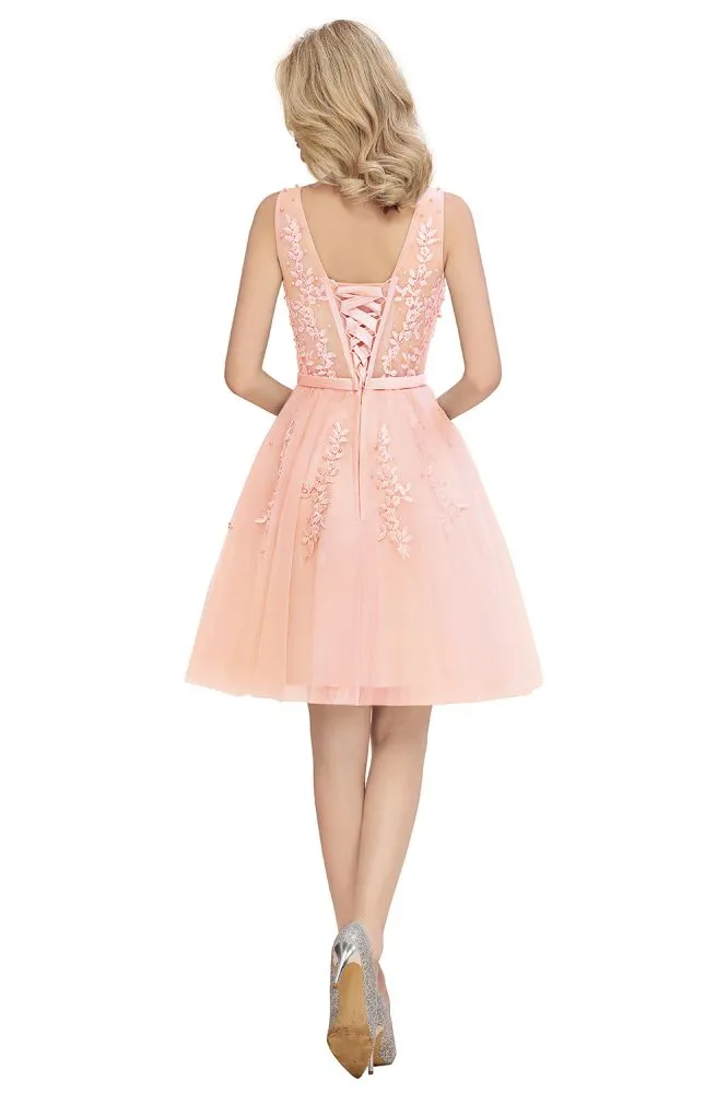 Charming V-Neck Tulle Lace Appliques Short Homecoming Dress Aline Backless Party Dress