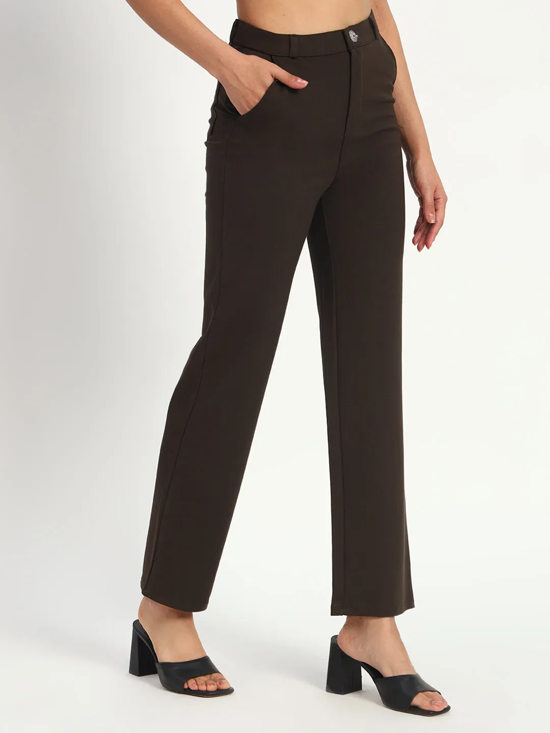 Dark Brown Straight Fit Stretch Pants