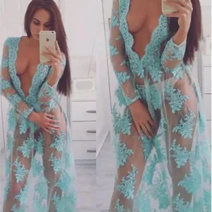 Deep V-neck Long Sleeves Transparent Embroidered Long Dress