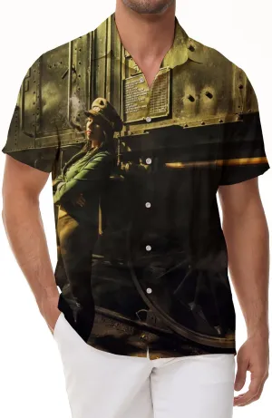 European and American train personnel tropical Hawaii men's retro lapel shirt casual button shirt short sleeve vacation beach