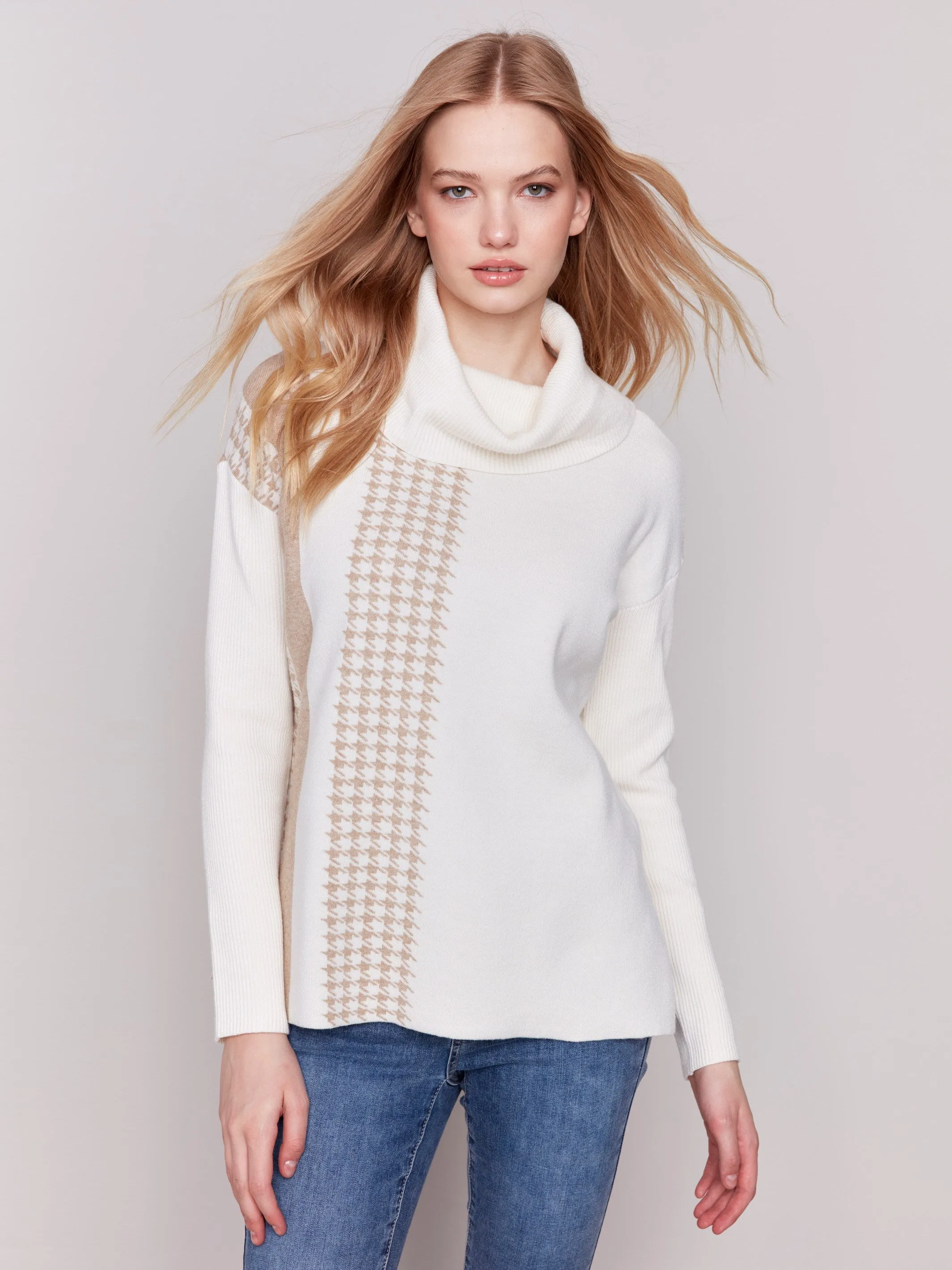 Houndstooth Stripe Cowl Neck Sweater - Ecru