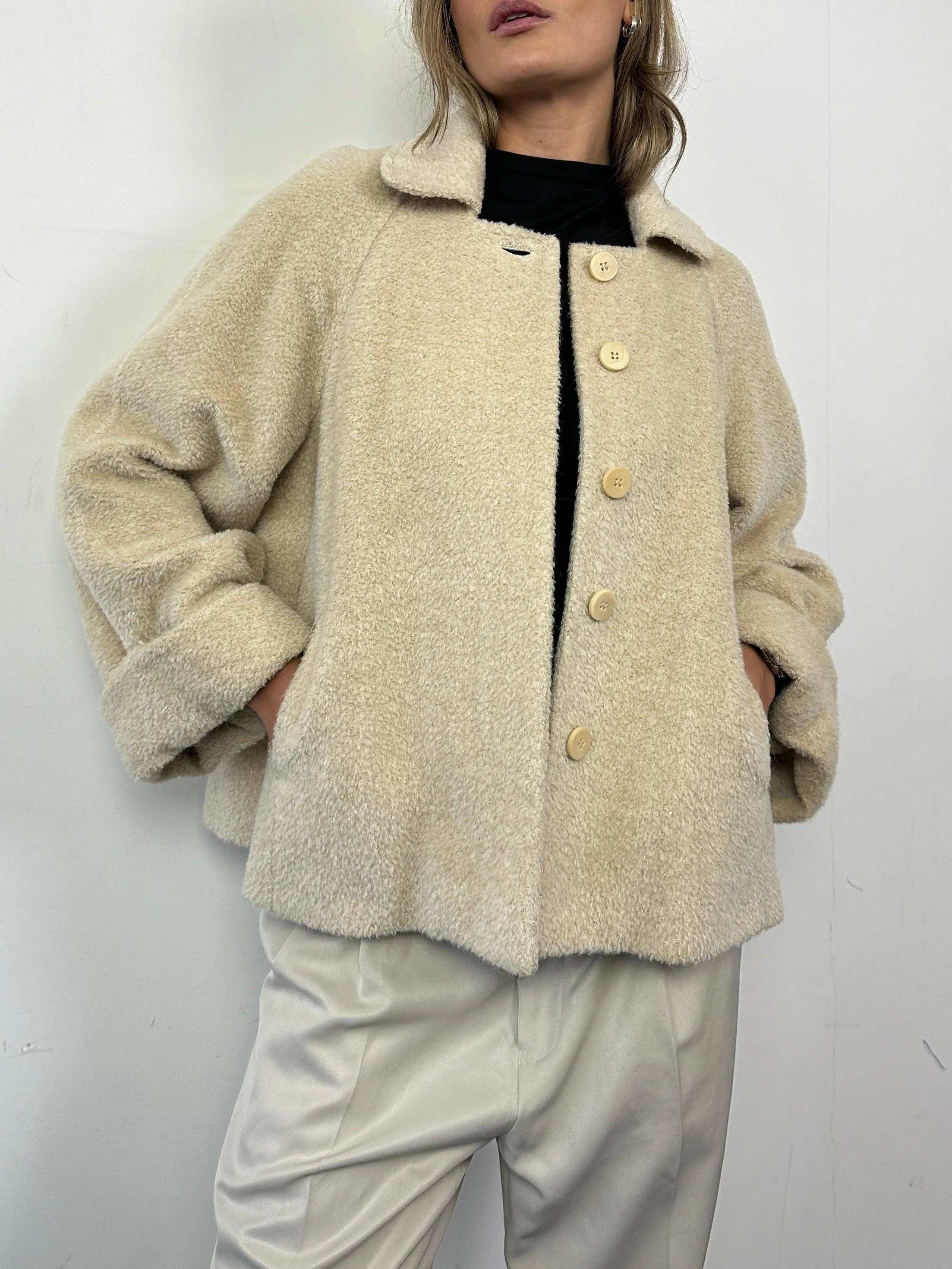 Italian Vintage Wool Mohair Glitter Swing Jacket Coat - S