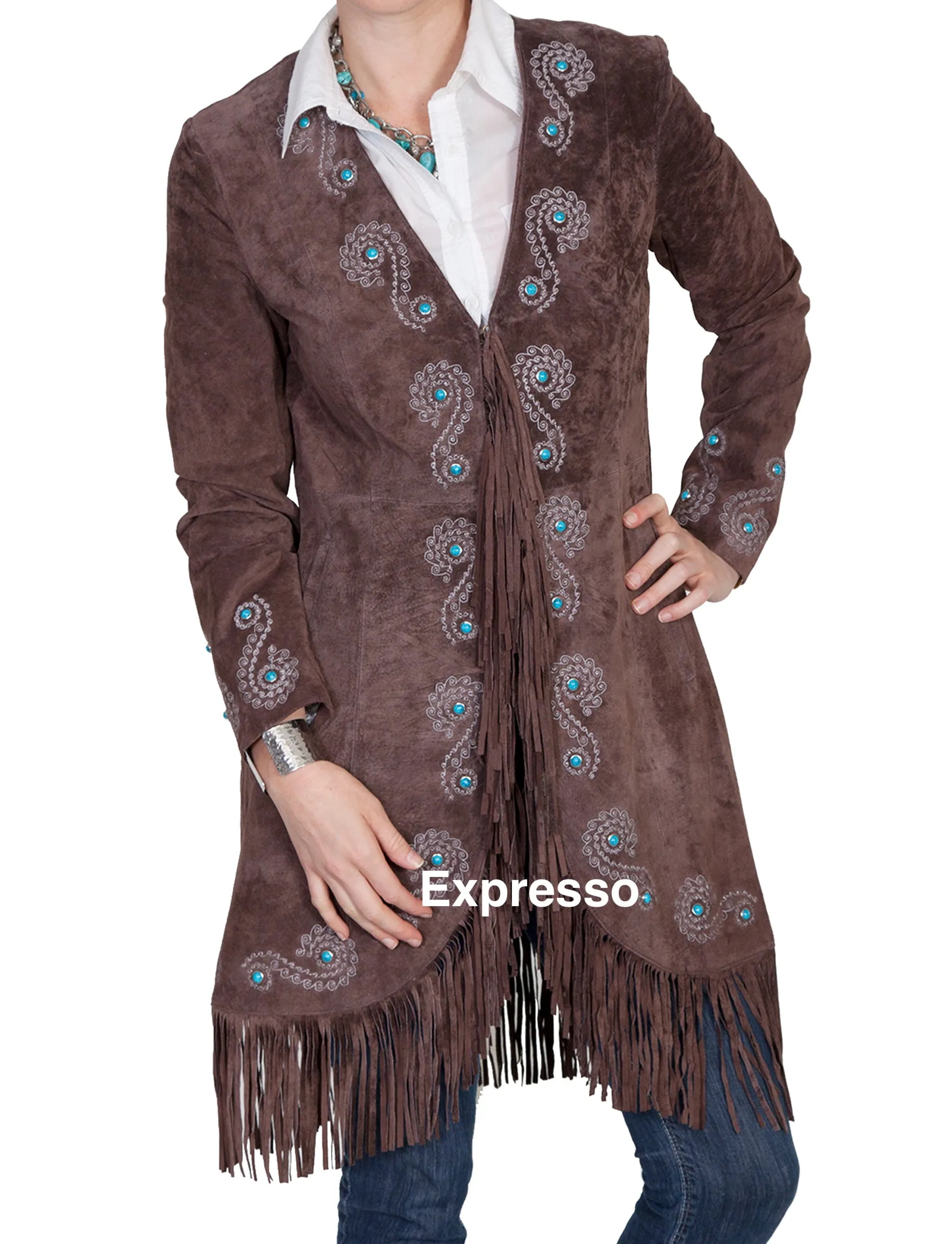 Jacket, Long Embroidered Suede Leather with Fringe & Studs - Style L165