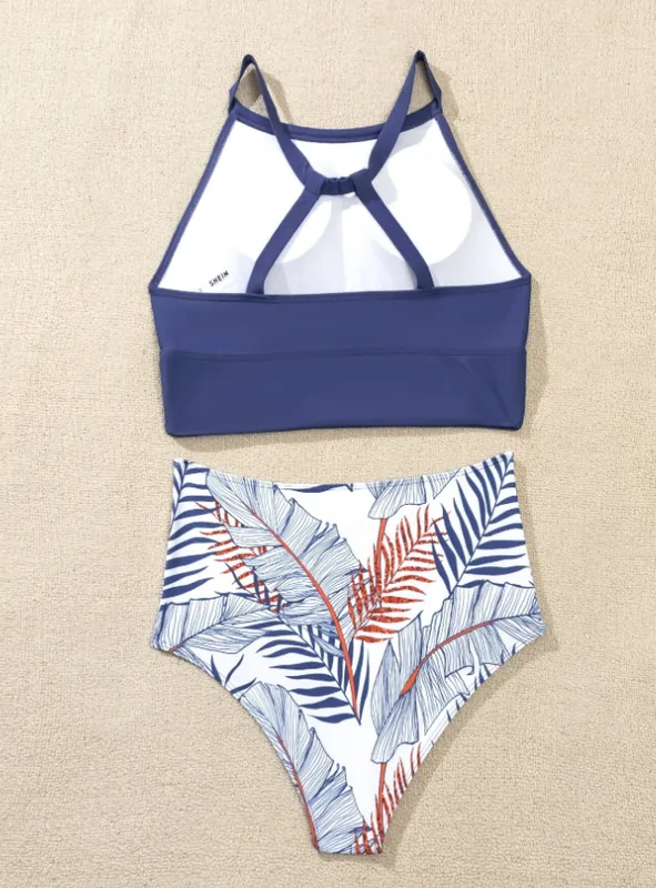 Light Blue Tropical Print Bikini Swimsuit