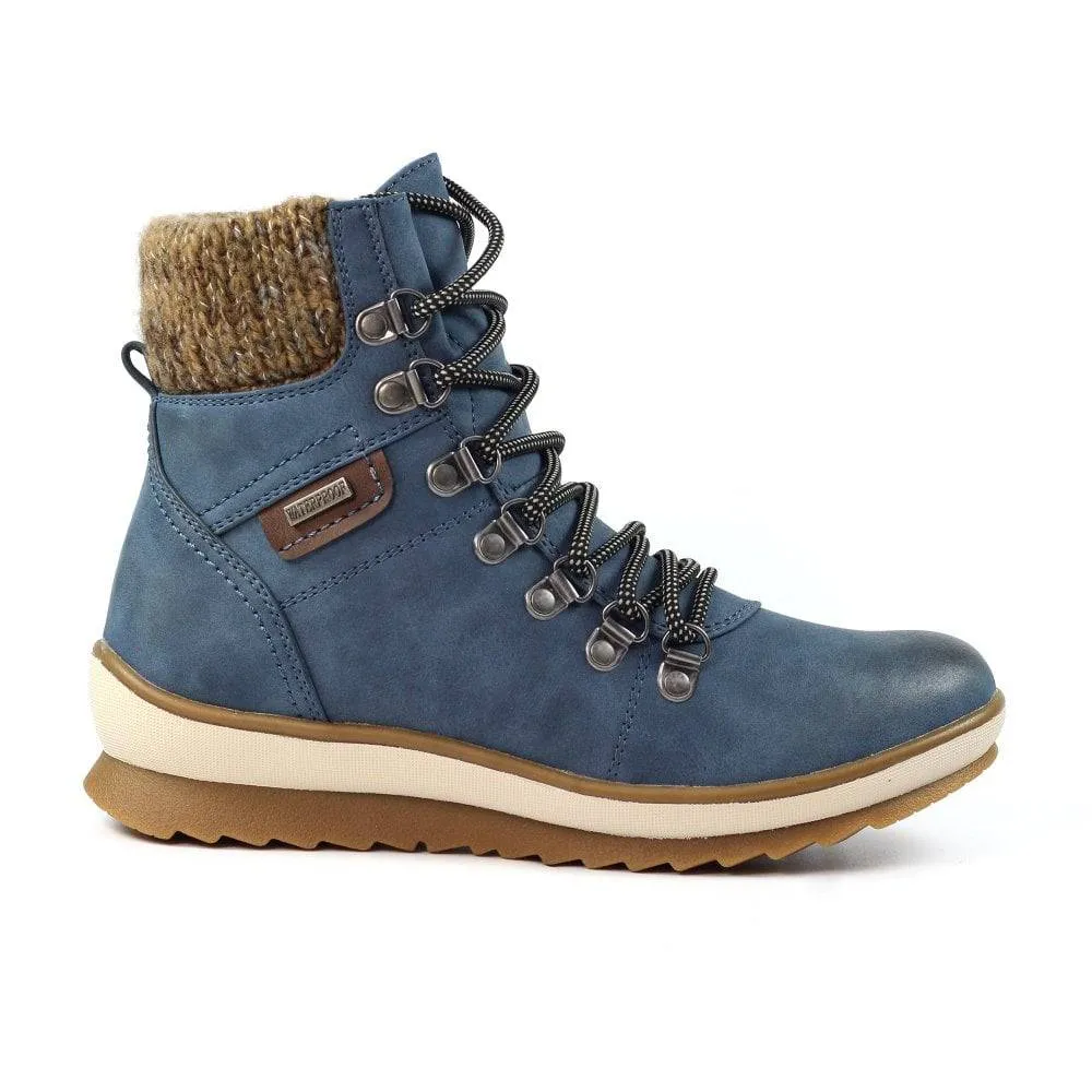 Lunar GLB150 Sycamore Ladies Blue Waterproof Zip & Lace Ankle Boots