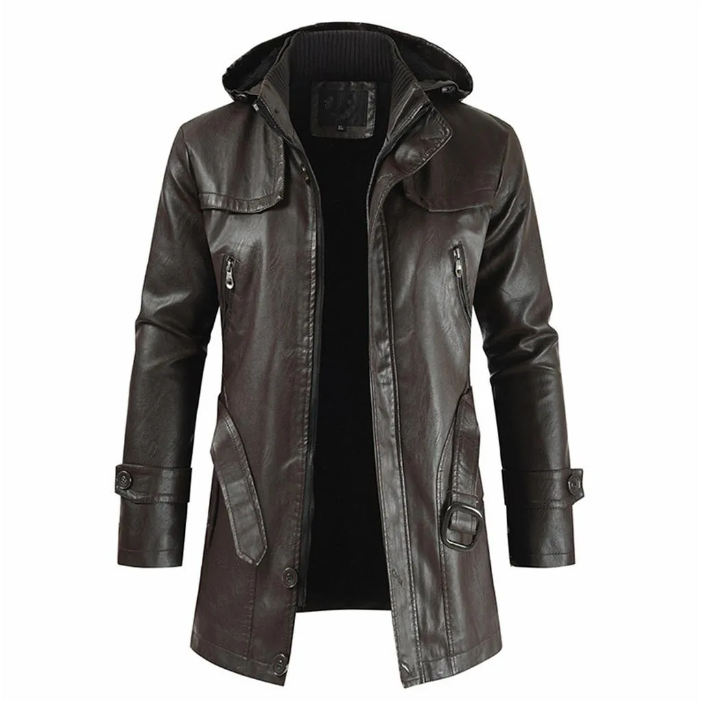 Men's Hooded Mid-Length Belted Genuine Sheepskin Leather Coat