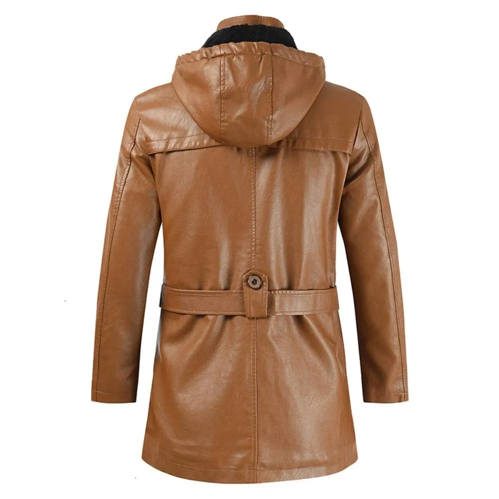 Men's Hooded Mid-Length Belted Genuine Sheepskin Leather Coat