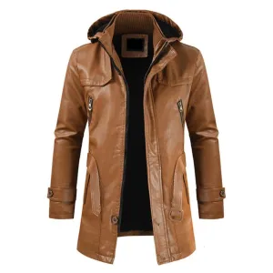 Men's Hooded Mid-Length Belted Genuine Sheepskin Leather Coat