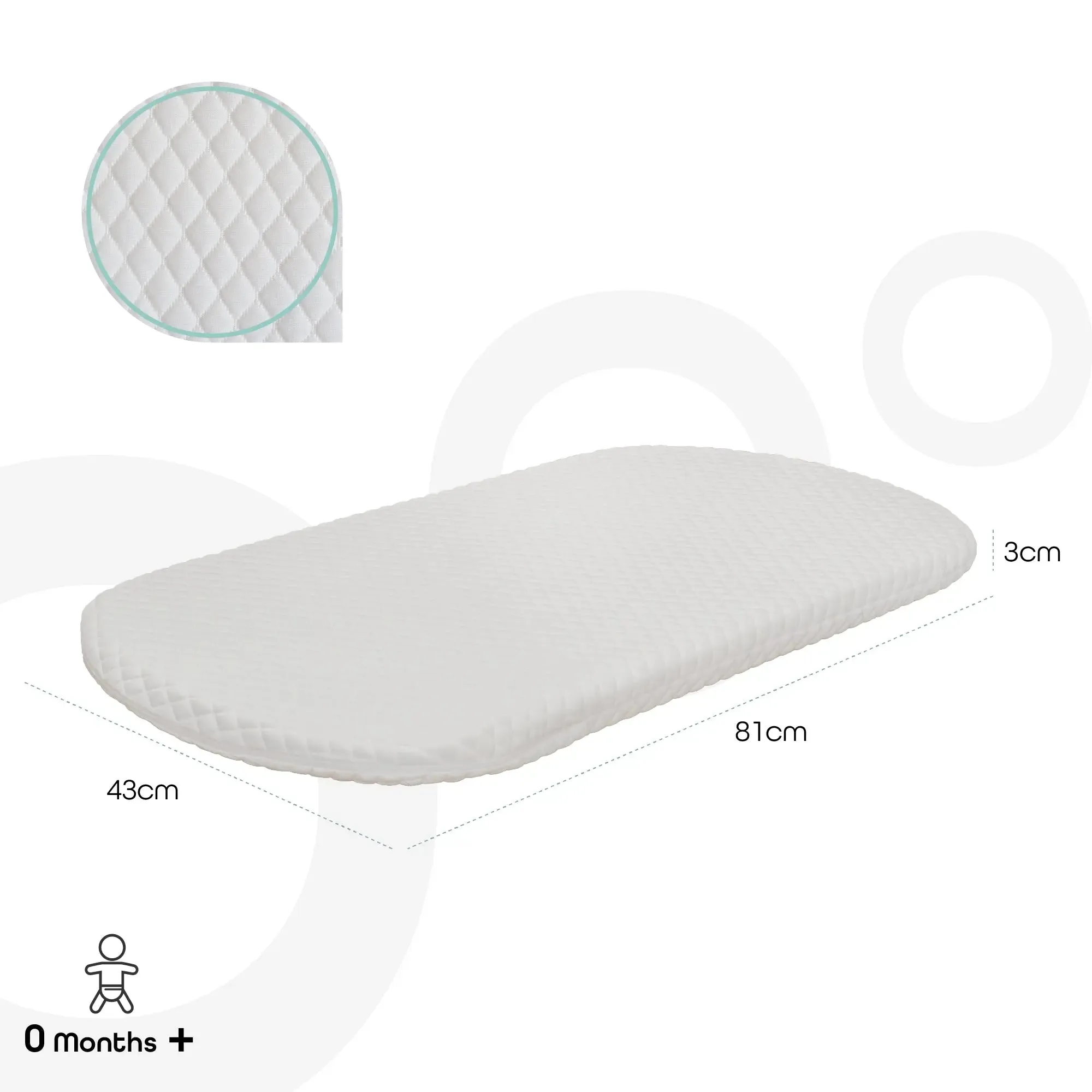 Moon Crib & Bassinet Mattress - 81 x 43 x 3 cm - Toddler Mattress, Removable Cover (White)