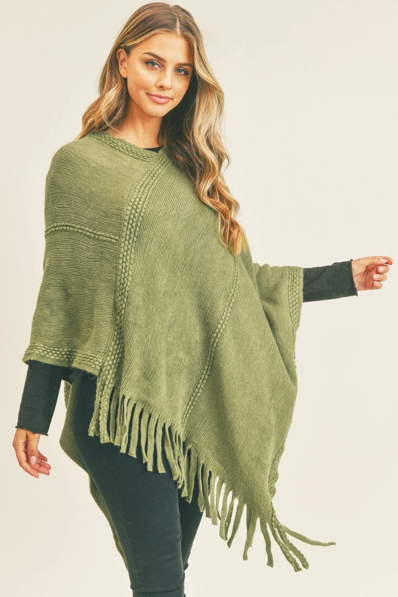 MS0272 Sandy Embossed Line Tassel Poncho