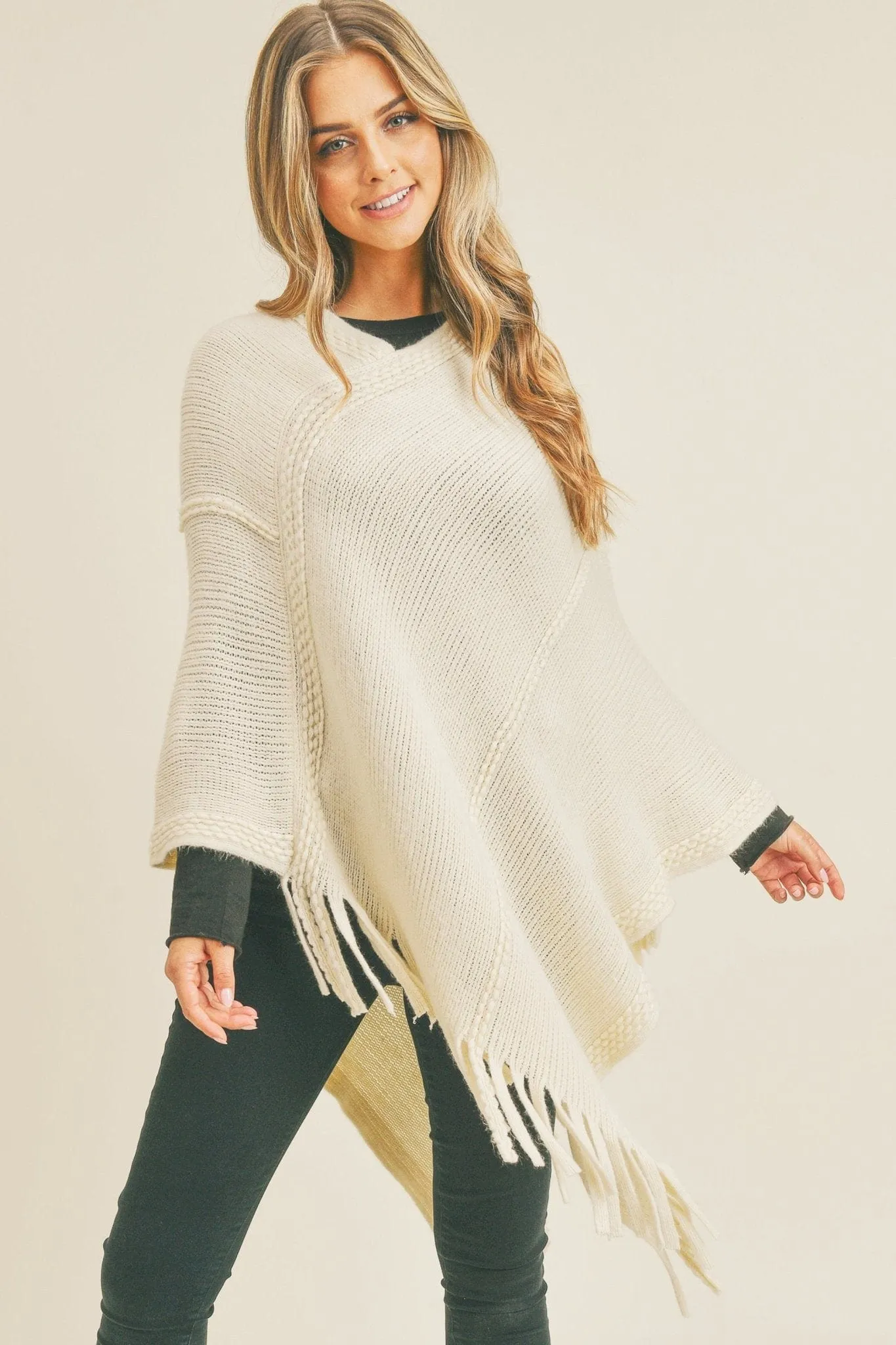 MS0272 Sandy Embossed Line Tassel Poncho