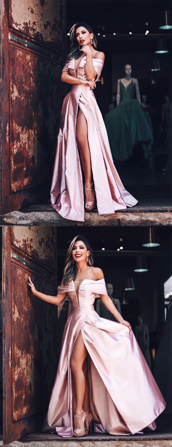 Off Shoulder Pink Satin Slit Charming Fashion Prom Dresses.PD00245