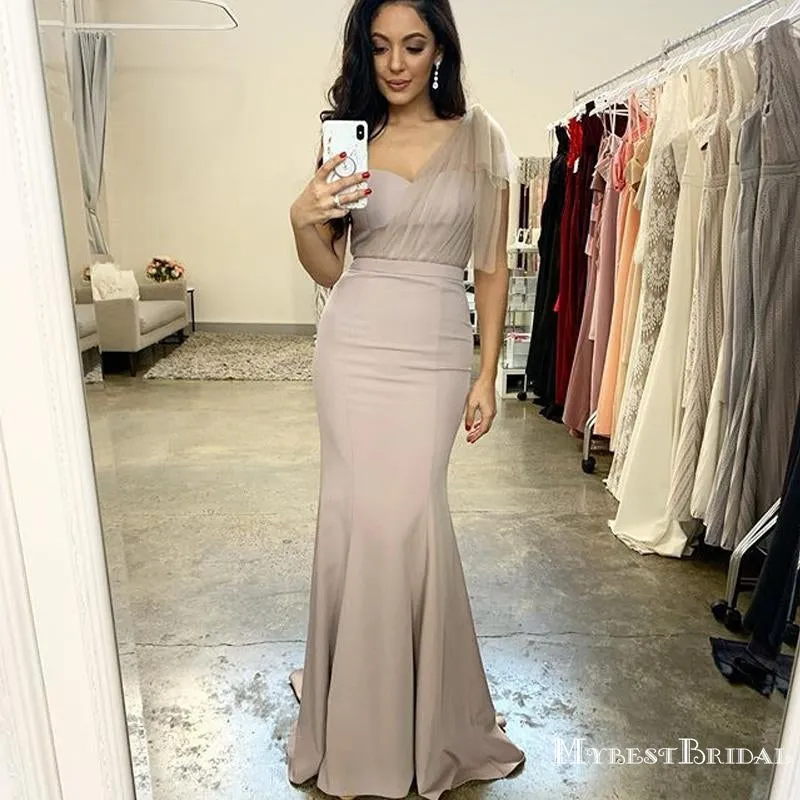 One Shoulder Charming Elegant Grey Mermaid Long Cheap Bridesmaid Dresses, BDS0045