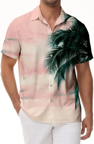 Pink Landscape Coconut Tree Pattern 3d Digital Printing Shirt Tropical Hawaiian Short Sleeve Daily Button Vacation Seaside Beach Shirt Men's Lapel Casual Style