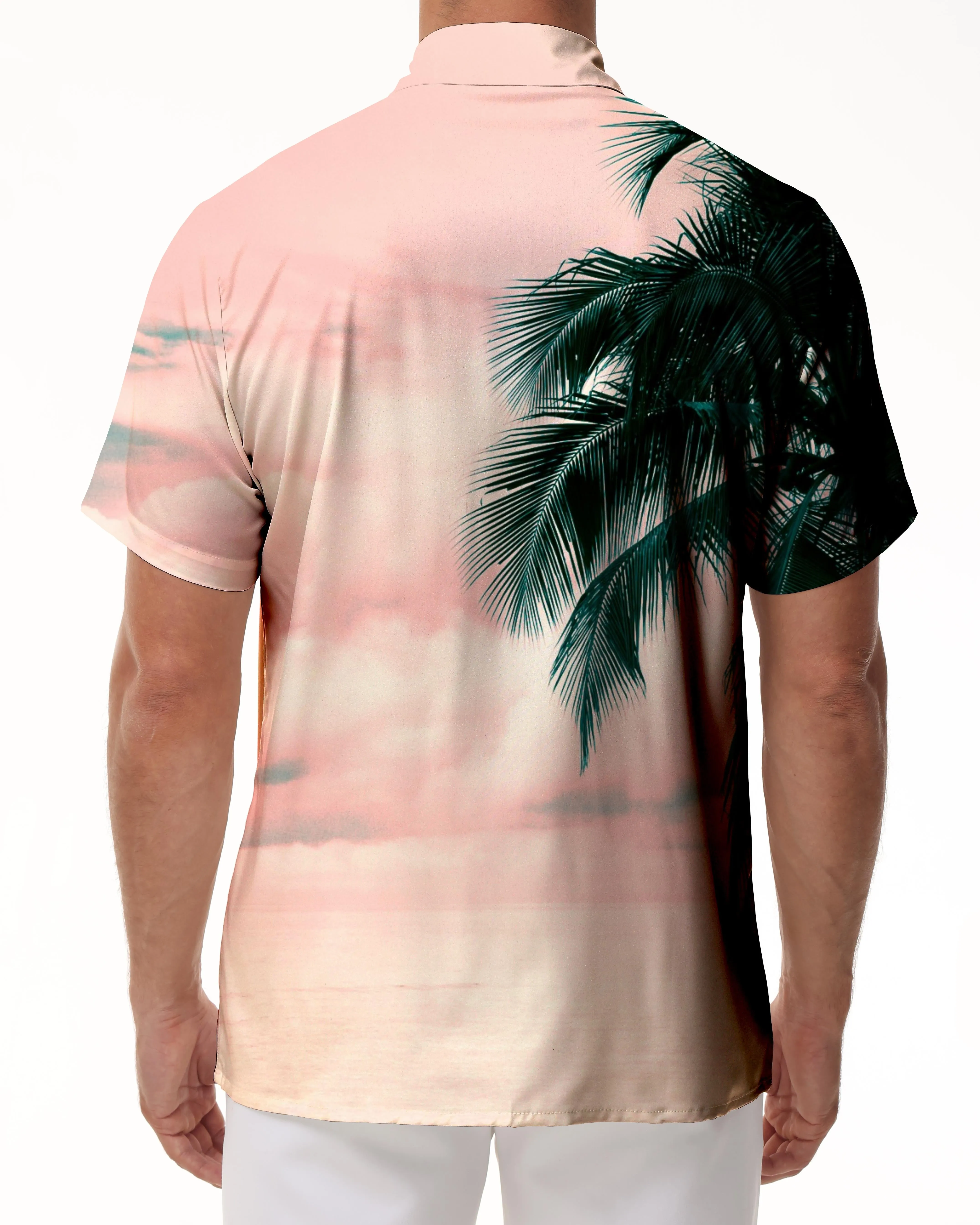 Pink Landscape Coconut Tree Pattern 3d Digital Printing Shirt Tropical Hawaiian Short Sleeve Daily Button Vacation Seaside Beach Shirt Men's Lapel Casual Style