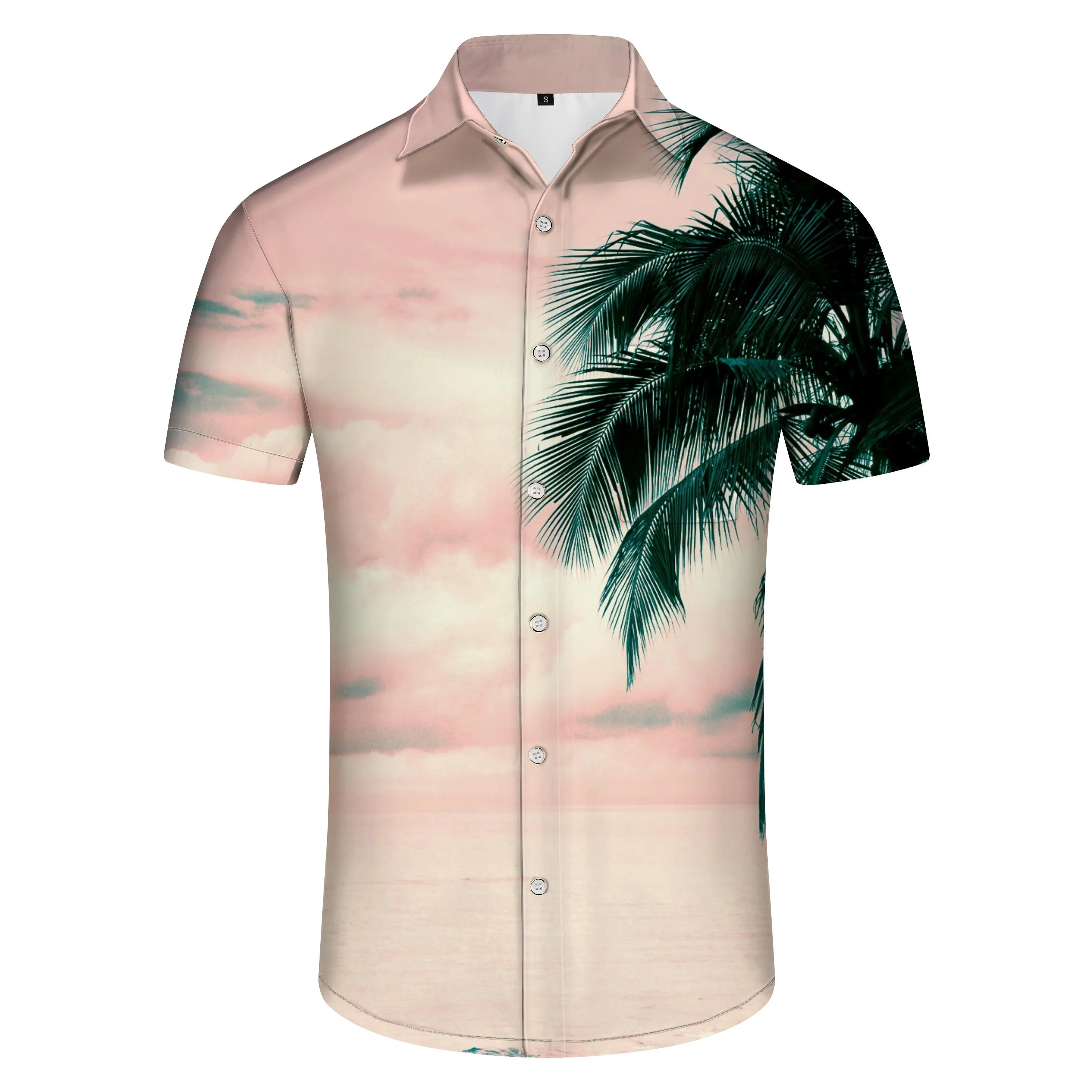 Pink Landscape Coconut Tree Pattern 3d Digital Printing Shirt Tropical Hawaiian Short Sleeve Daily Button Vacation Seaside Beach Shirt Men's Lapel Casual Style