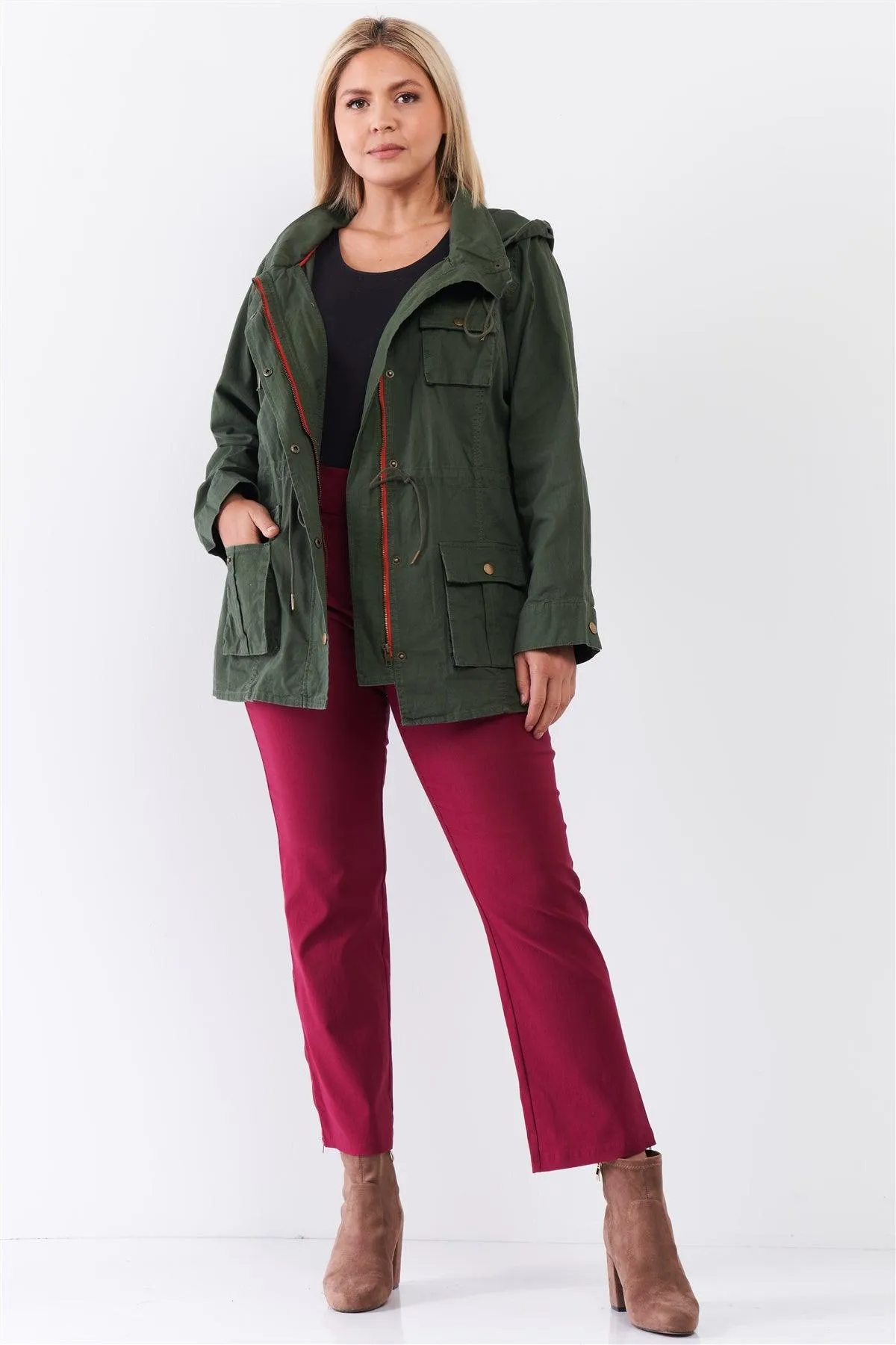 Plus Size Olive Cotton Zip-Up Hood Utility Jacket /4-2