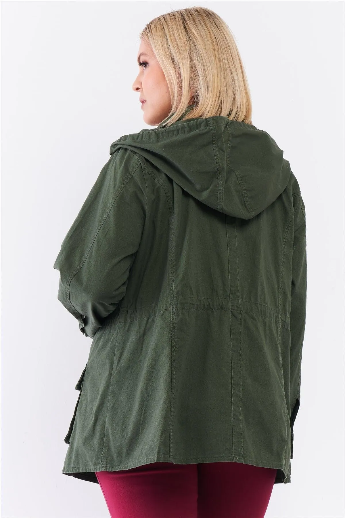 Plus Size Olive Cotton Zip-Up Hood Utility Jacket /4-2