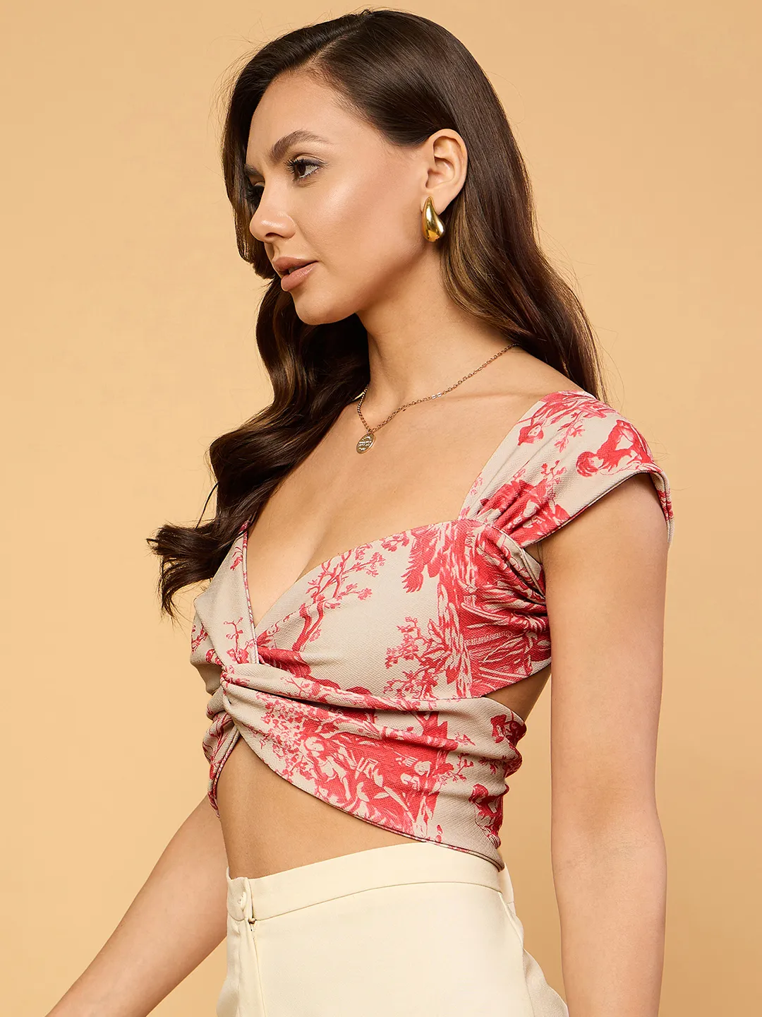 Printed Stretchable Half Sleeve Back Cut-Out Cropped Top