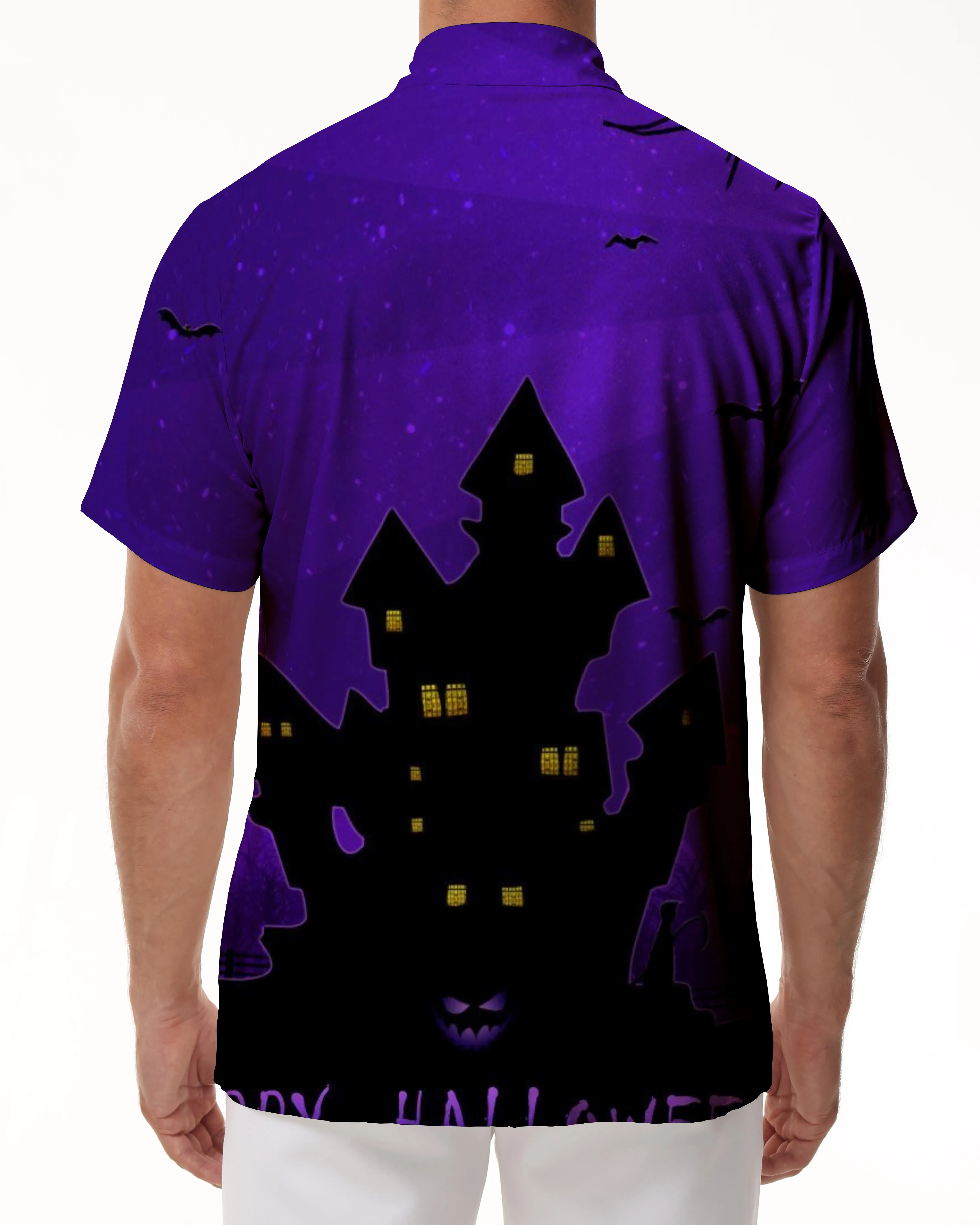 Purple Halloween Shadow Castle Shirt Hawaiian Loose Short Sleeve Button Shirt Bat Print Top