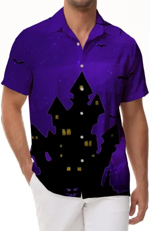 Purple Halloween Shadow Castle Shirt Hawaiian Loose Short Sleeve Button Shirt Bat Print Top