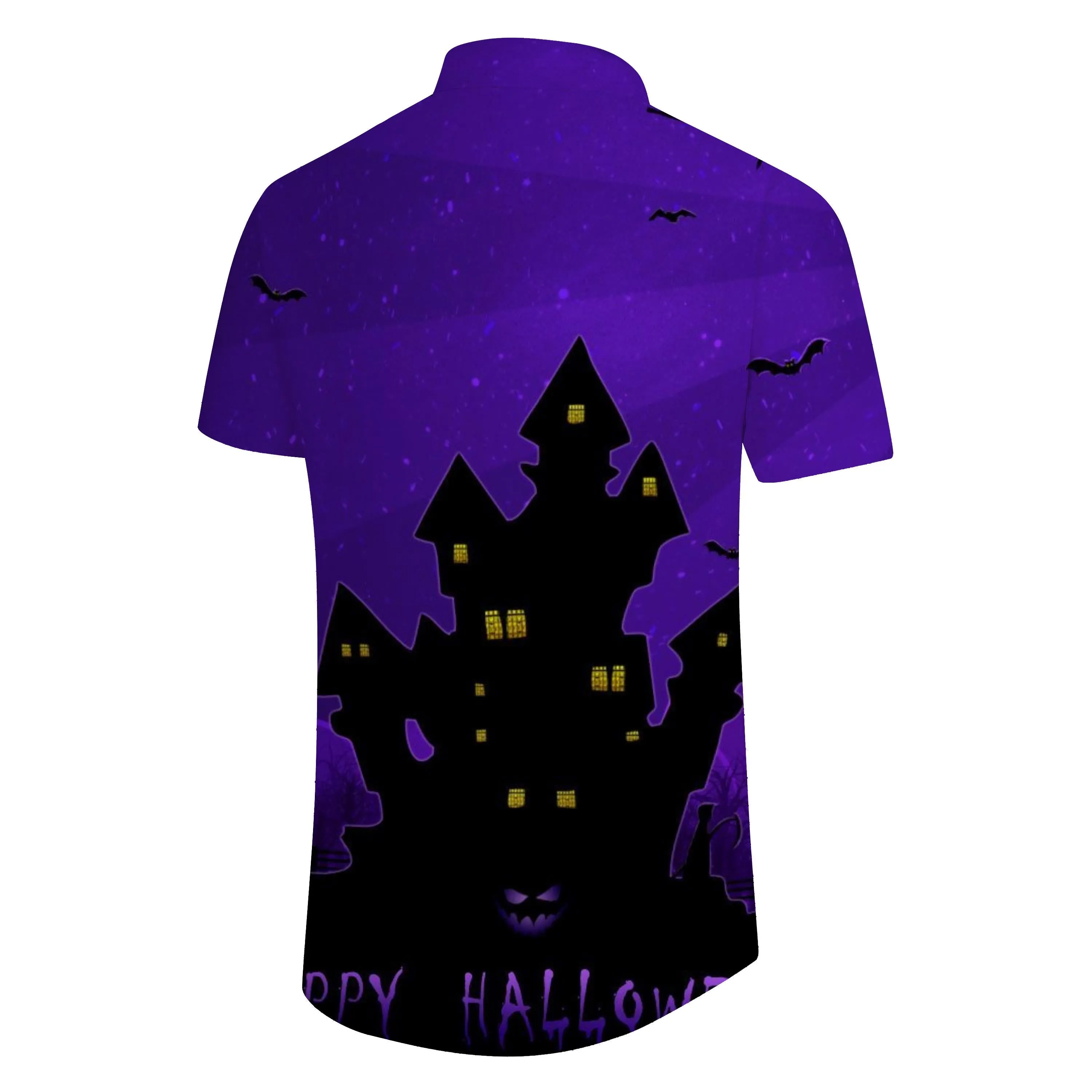 Purple Halloween Shadow Castle Shirt Hawaiian Loose Short Sleeve Button Shirt Bat Print Top