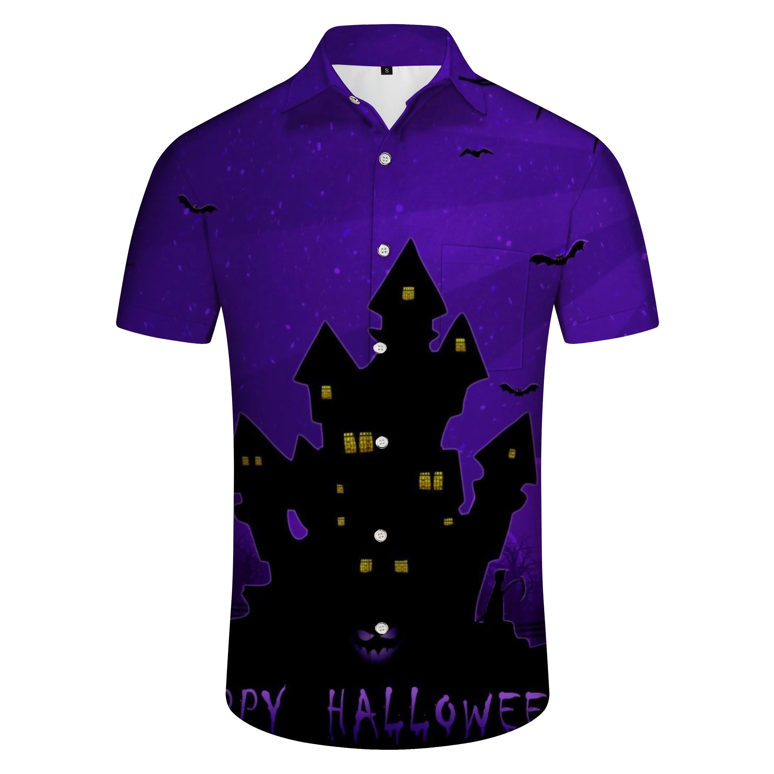 Purple Halloween Shadow Castle Shirt Hawaiian Loose Short Sleeve Button Shirt Bat Print Top