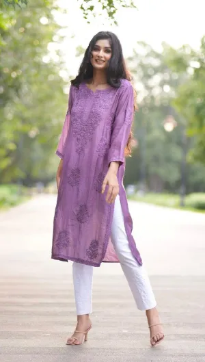 Purple Regal Radiance Chanderi Silk Kurti and Stretchable Pant Set