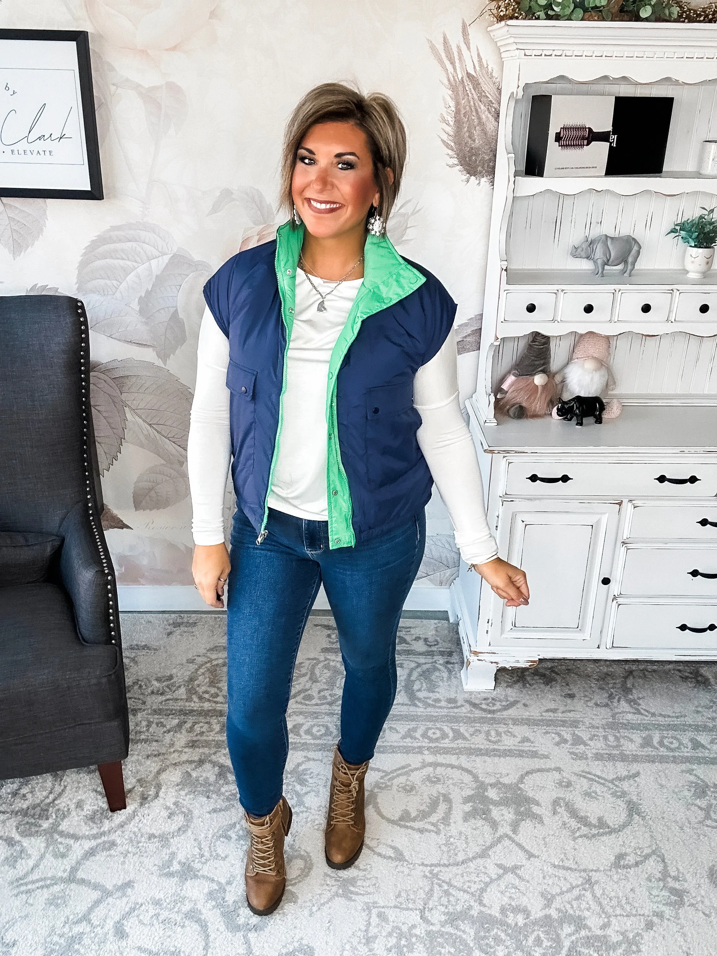 Stay Out All Night Reversible Puffer Vest - Navy/Green