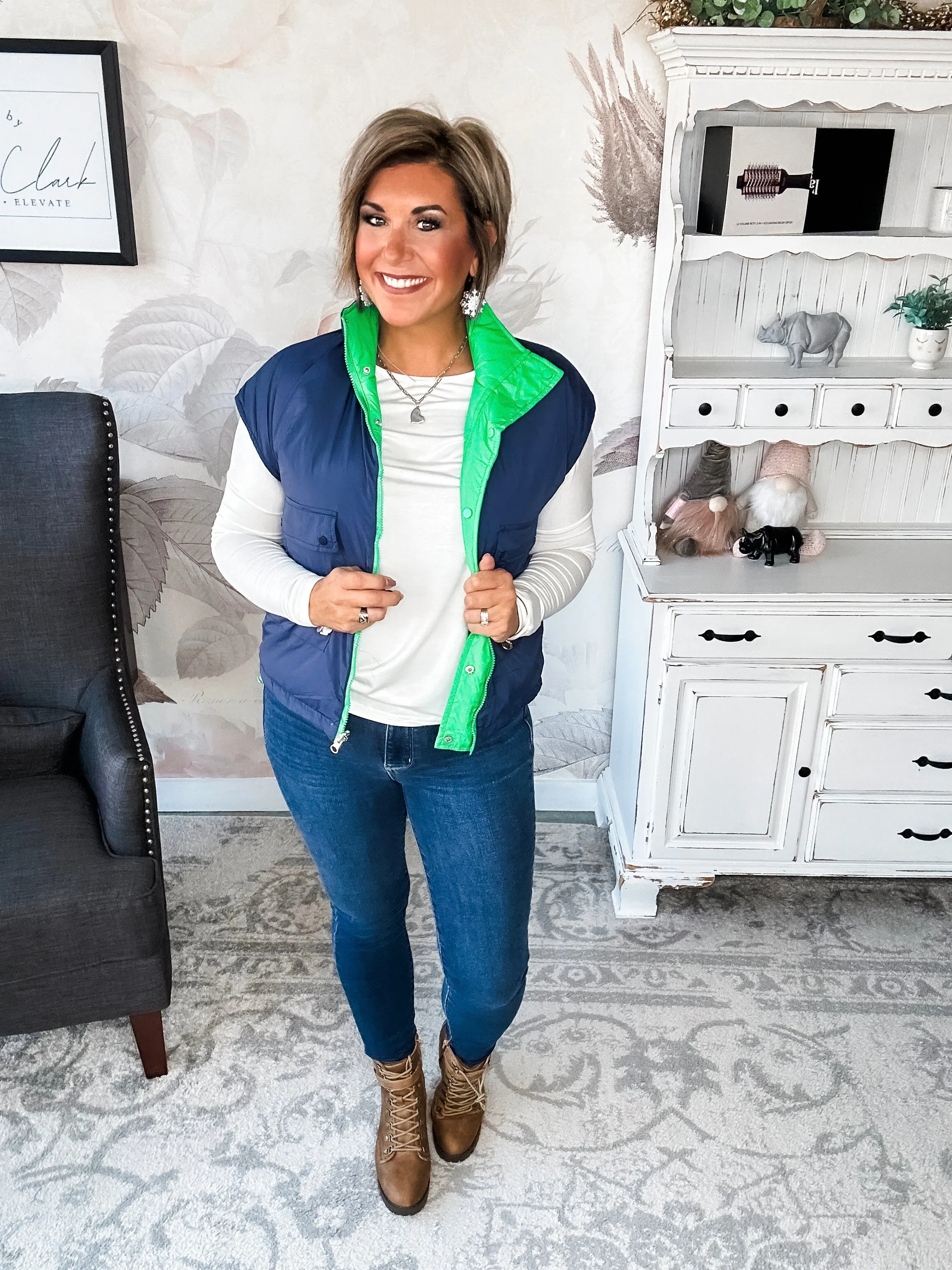 Stay Out All Night Reversible Puffer Vest - Navy/Green